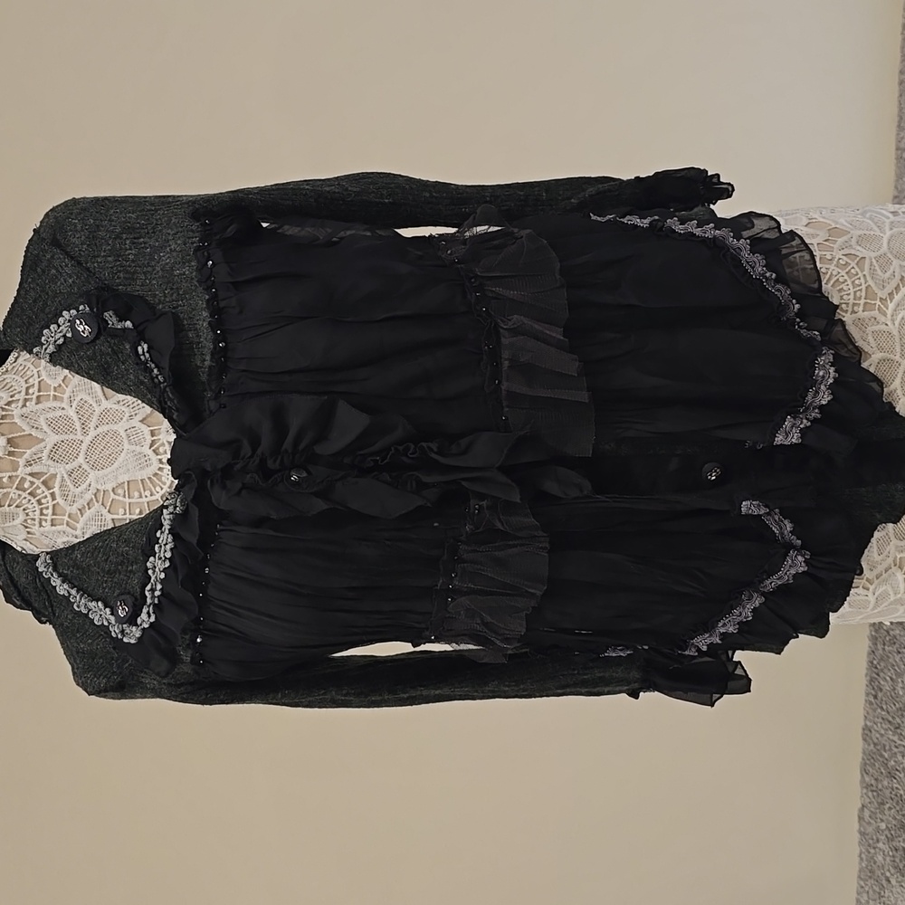 Pretty Angel Ruffled Lace & Linen Blend Sweater Blouse Tunic Sz M
